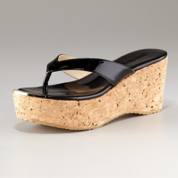 Jimmy Choo Pathos Black Patent Wedge Sandals